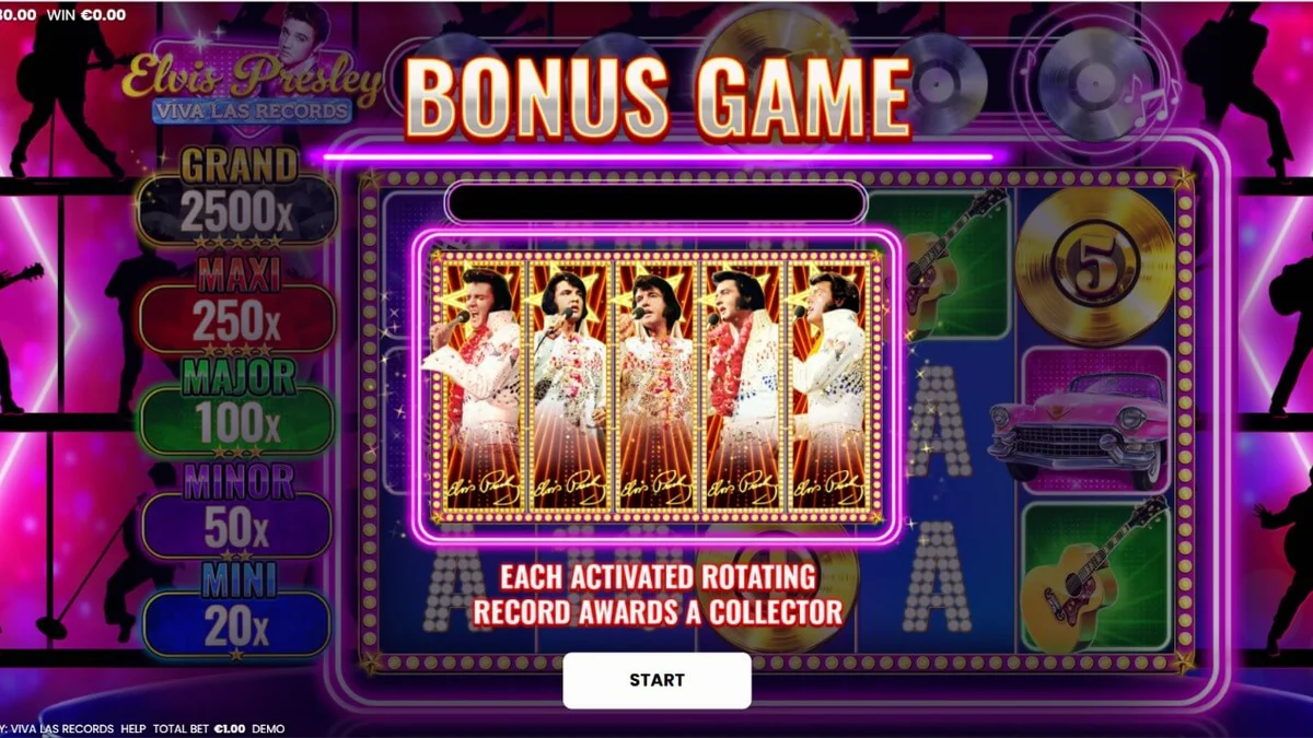 Tampilan antarmuka slot Elvis Presley: Viva Las Records di layar ponsel pintar
