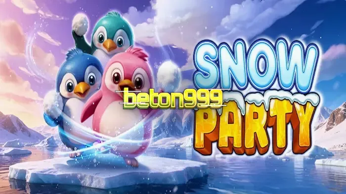 Tampilan visual slot Snow Party dengan karakter penguin dan hewan kutub yang lucu di atas grid 7x7.
